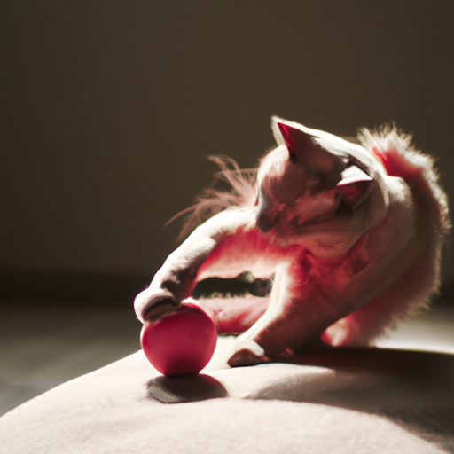a pink cat playing with a red ball